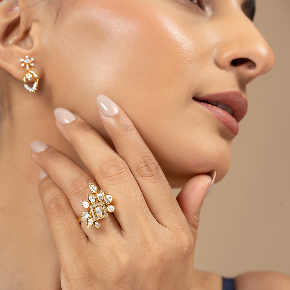 Cori Polki Silver Moissanite Adjustable Ring | 22KT Gold Vermeil - Shinez By Baxi Jewellers