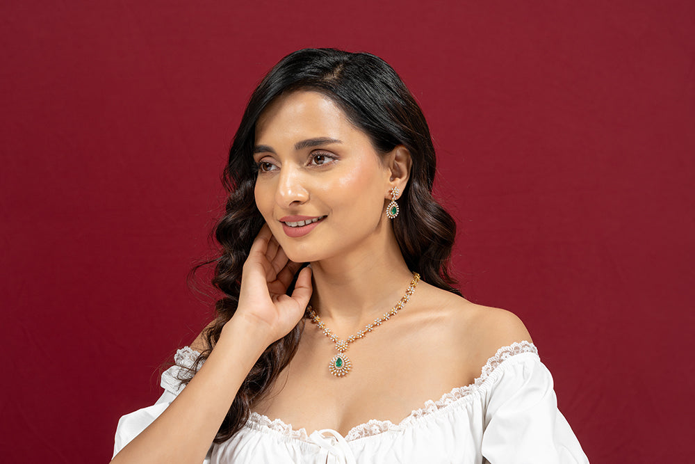 Ahana Moissanite Diamond Necklace Earrings Set | 22KT Gold Vermeil - Shinez By Baxi Jewellers