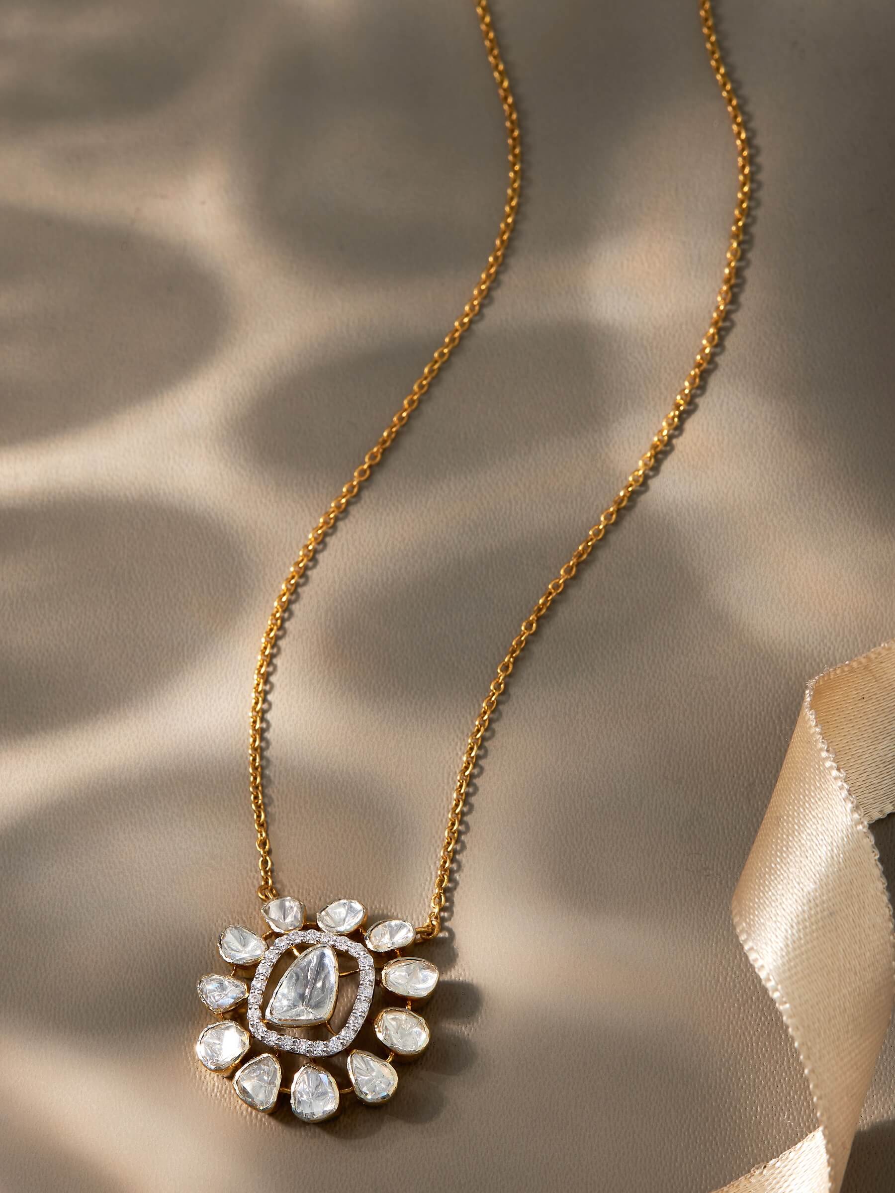 Zora Moissanite Polki Pendant with Chain | 22KT Gold Vermeil - Shinez By Baxi Jewellers