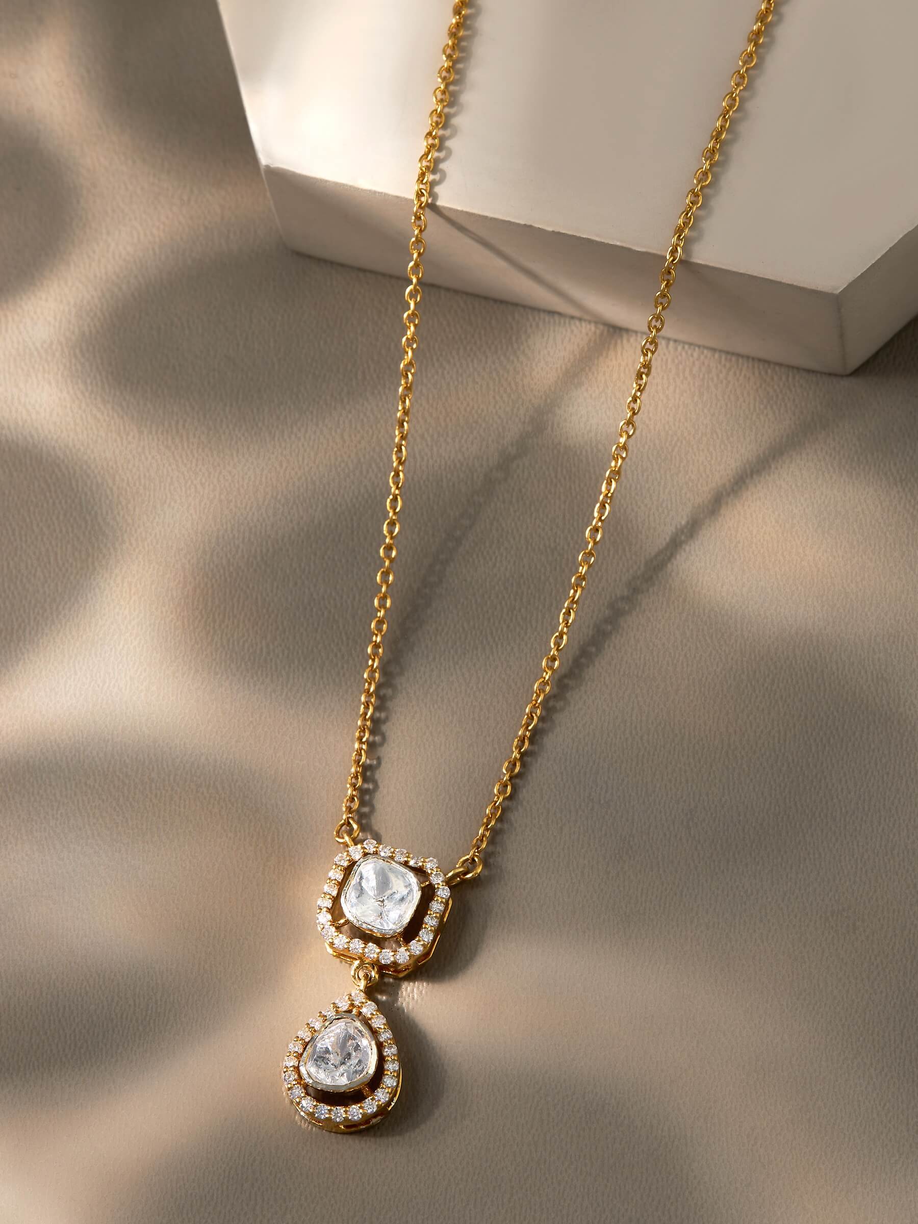 Anika Moissanite Polki Pendant with Chain | 22KT Gold Vermeil - Shinez By Baxi Jewellers