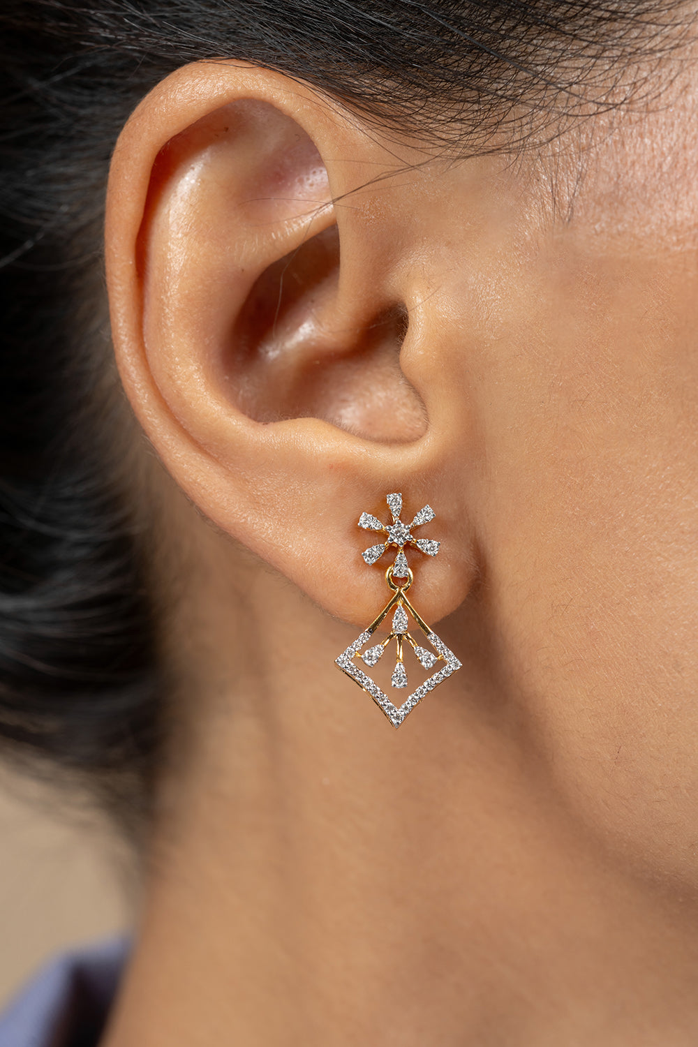Akamai Silver Moissanite Dangle Earrings | 22KT Gold Vermeil - Shinez By Baxi Jewellers